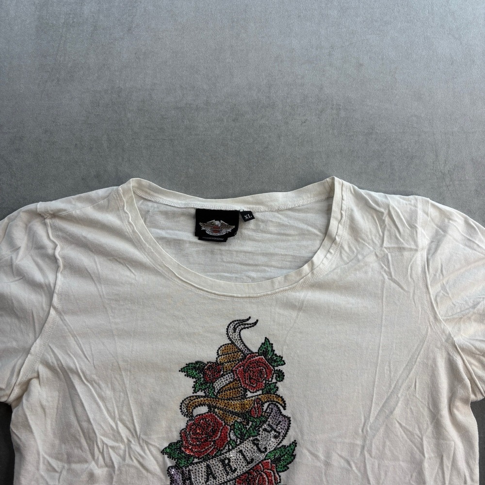 Vintage Harley Davidson Womens XL Rime stone Shirt Motorcycle Dagger Rose - Picture 11 of 16